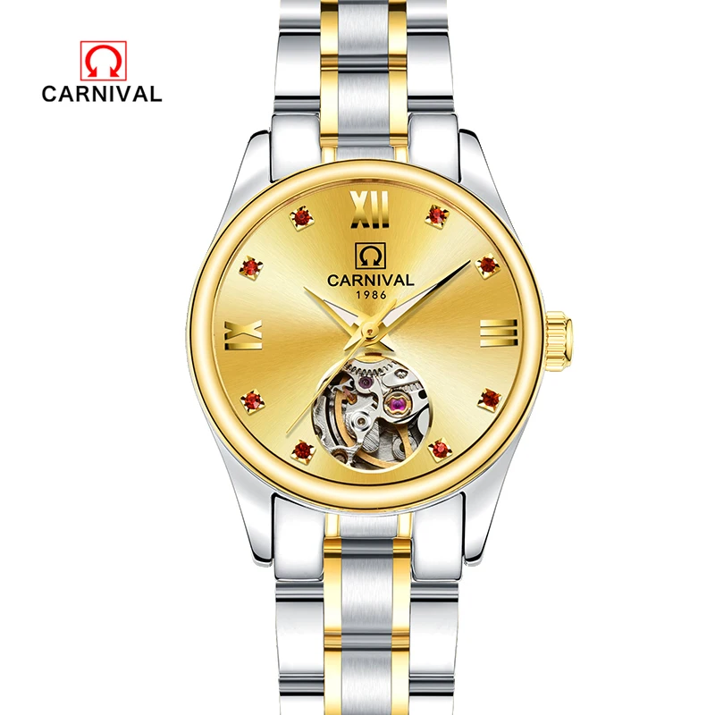 Karneval top značky luxusné hot autentické dámske hodinky automatické mechanické hodinky a duté z nerezovej ocele, vodotesné zlato Obrázok 2