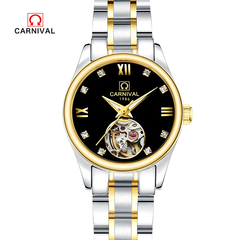 Karneval top značky luxusné hot autentické dámske hodinky automatické mechanické hodinky a duté z nerezovej ocele, vodotesné zlato Obrázok 3
