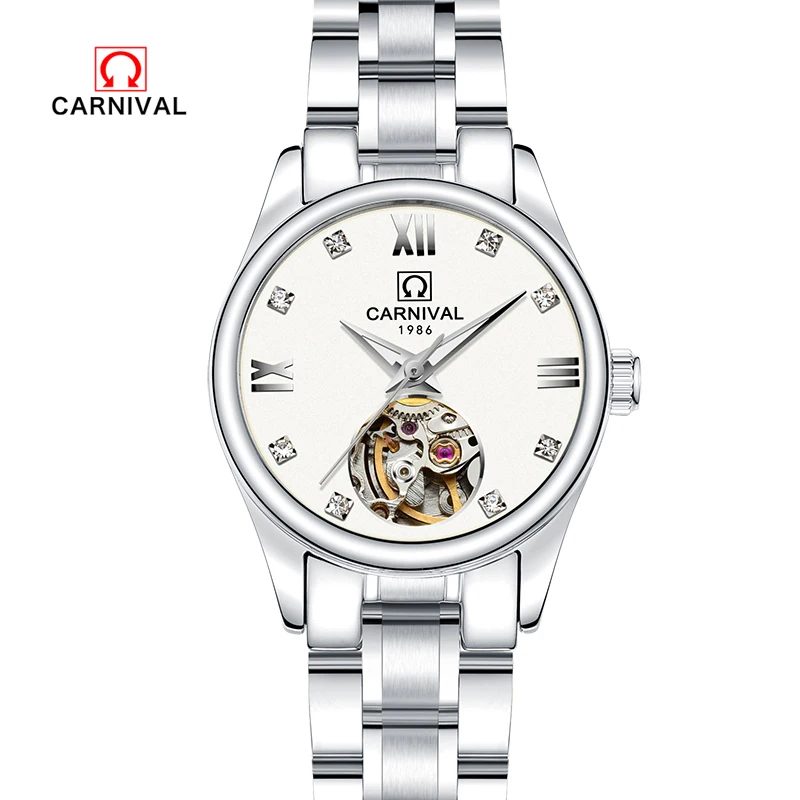 Karneval top značky luxusné hot autentické dámske hodinky automatické mechanické hodinky a duté z nerezovej ocele, vodotesné zlato Obrázok 4