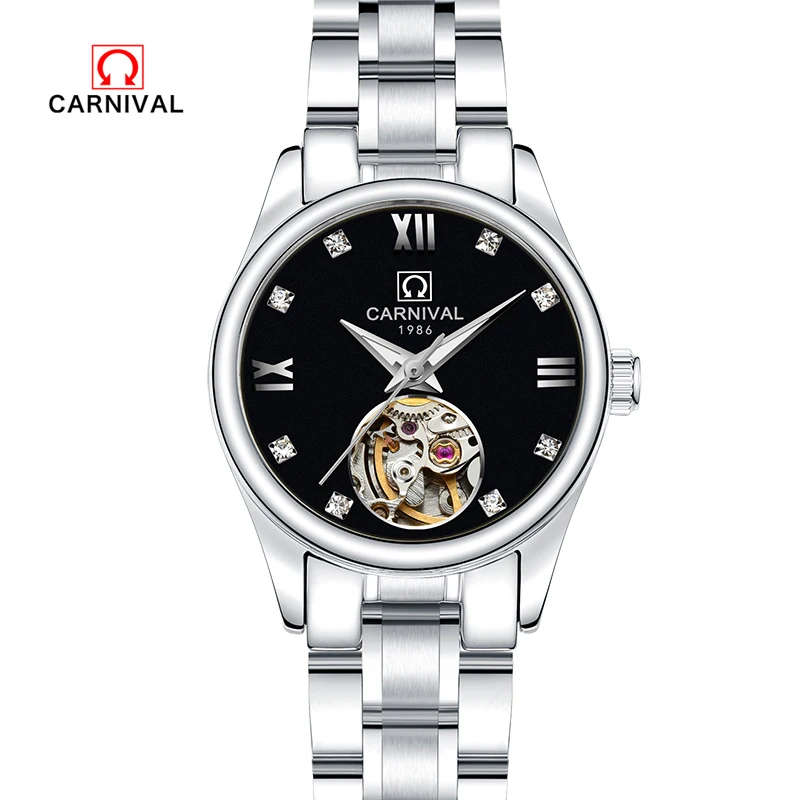 Karneval top značky luxusné hot autentické dámske hodinky automatické mechanické hodinky a duté z nerezovej ocele, vodotesné zlato Obrázok 5