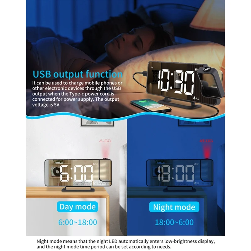 Nové Premietacie Digitálny Budík S Posteľ Shaker,Extra Hlasný Alarm Clock Pre Ťažké Spáč,180Degrees Projektor Obrázok 2