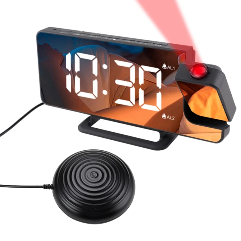 Nové Premietacie Digitálny Budík S Posteľ Shaker,Extra Hlasný Alarm Clock Pre Ťažké Spáč,180Degrees Projektor Obrázok 5