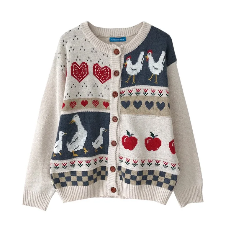 Zimné Oblečenie pre Ženy Japonský Mäkké Dievča Mori Žena Retro Detinské Káčatko Apple štítky na Jacquardove Pletené Bunda Cardigan Sveter Obrázok 1