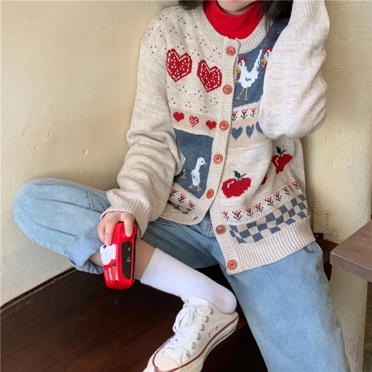 Zimné Oblečenie pre Ženy Japonský Mäkké Dievča Mori Žena Retro Detinské Káčatko Apple štítky na Jacquardove Pletené Bunda Cardigan Sveter Obrázok 3