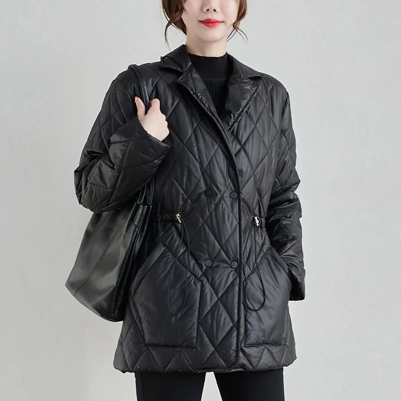 Ženy Bežné Prešívané Kabáty Nový Príchod 2021 Zimné Vintage Nadrozmerná Zase Dole Golier Žena Hrubé Teplé Čierne Bundy Outwear Obrázok 0