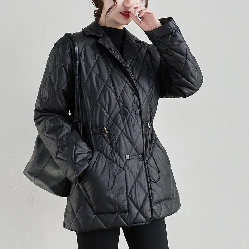 Ženy Bežné Prešívané Kabáty Nový Príchod 2021 Zimné Vintage Nadrozmerná Zase Dole Golier Žena Hrubé Teplé Čierne Bundy Outwear Obrázok 1