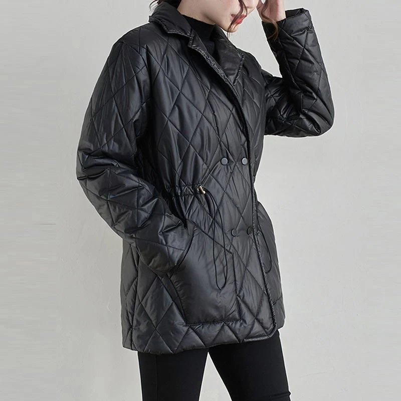 Ženy Bežné Prešívané Kabáty Nový Príchod 2021 Zimné Vintage Nadrozmerná Zase Dole Golier Žena Hrubé Teplé Čierne Bundy Outwear Obrázok 3