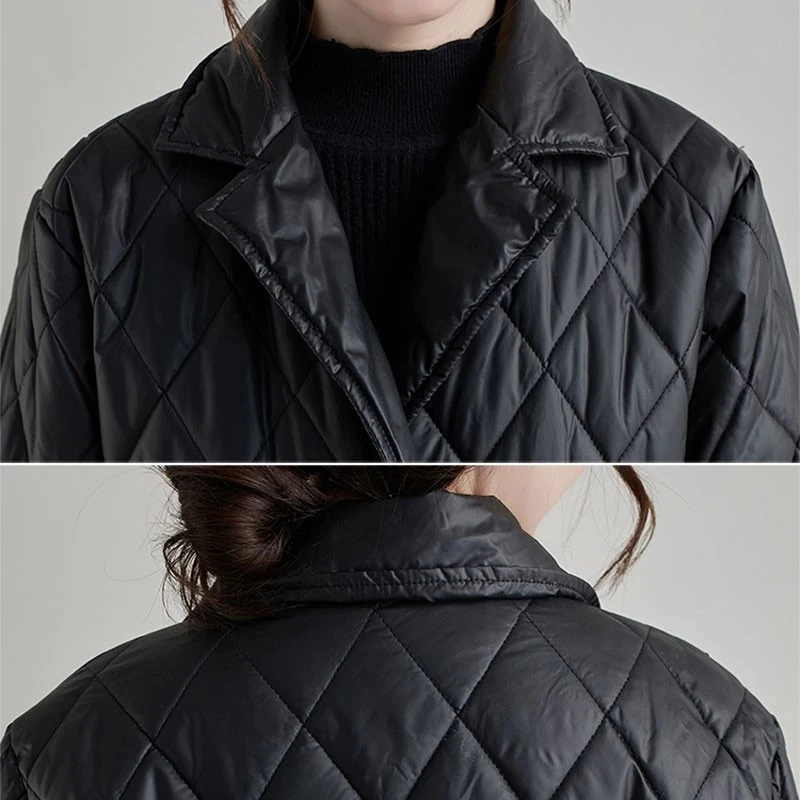 Ženy Bežné Prešívané Kabáty Nový Príchod 2021 Zimné Vintage Nadrozmerná Zase Dole Golier Žena Hrubé Teplé Čierne Bundy Outwear Obrázok 4