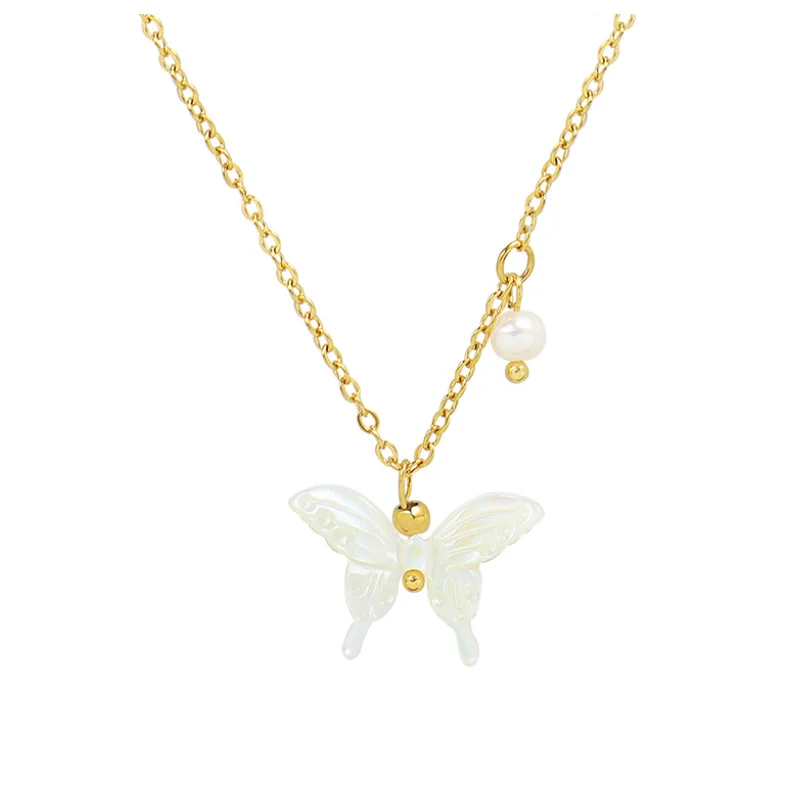 Temperament Shell Vyrezávané Motýľ Perlový Náhrdelník Pre Ženy Nehrdzavejúcej Ocele Dizajnér Šperky Luxusnú Kvalitu INY kórejský Štýl Obrázok 3
