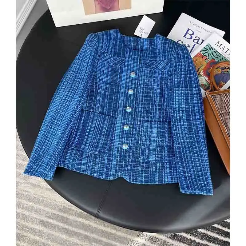 Dámy Ženy Kráľovská Modrá Bunda Tweed Bunda Single-breasted Prekladané Vlna Bunda Vintage Vrecku Dámy Outwear Obrázok 0