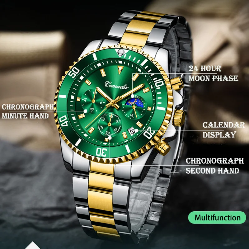 2022 Comudir ponorka chaser nové módne hodinky z nerezovej ocele top značky luxusné tri-oko chronograf svetelný quartz Muži Hodinky Obrázok 0