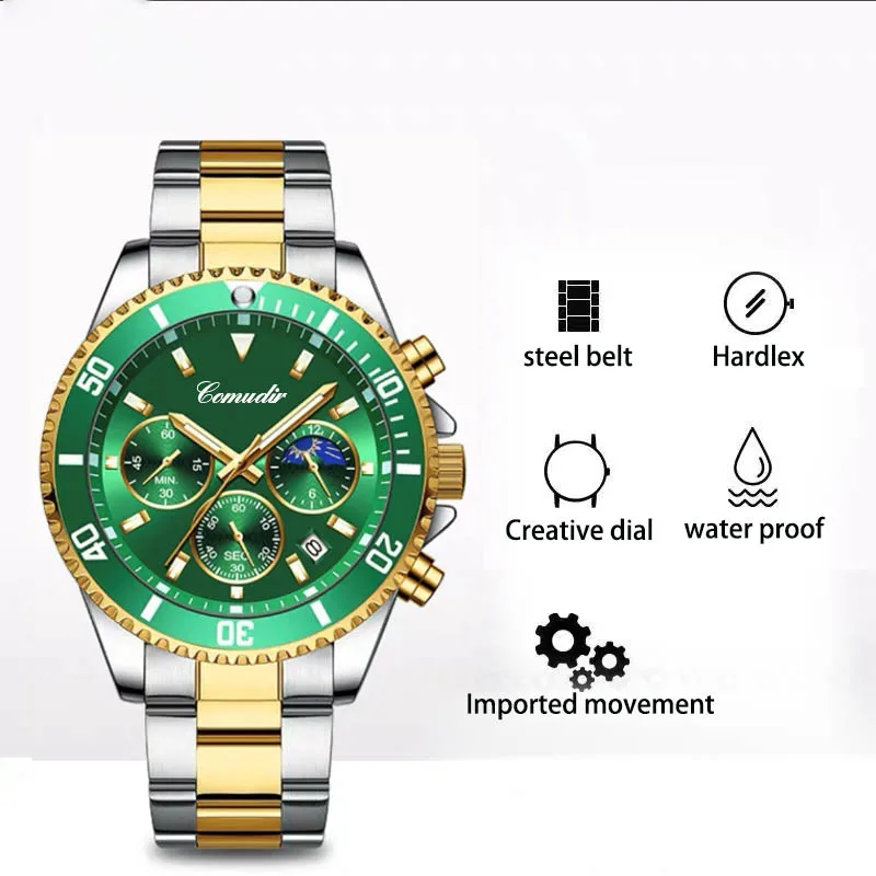 2022 Comudir ponorka chaser nové módne hodinky z nerezovej ocele top značky luxusné tri-oko chronograf svetelný quartz Muži Hodinky Obrázok 4